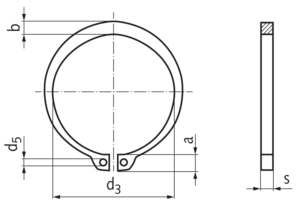Esquema de anillo Seeger DIN 471 con cotas de referencia
