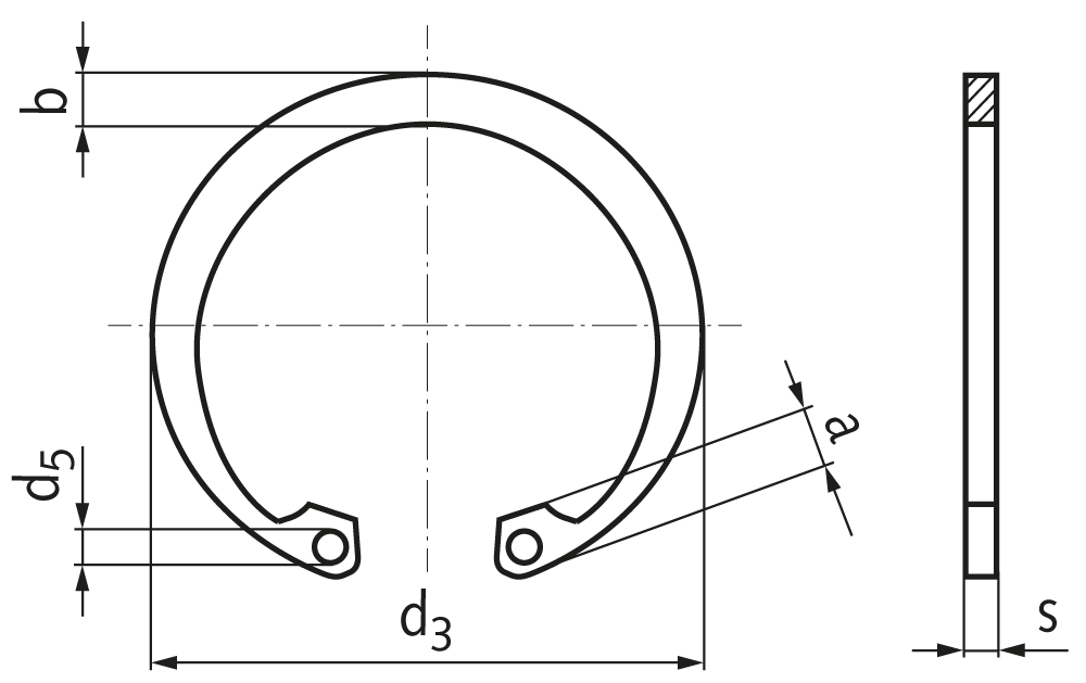 Esquema de anillo Seeger DIN 472 con cotas de referencia
